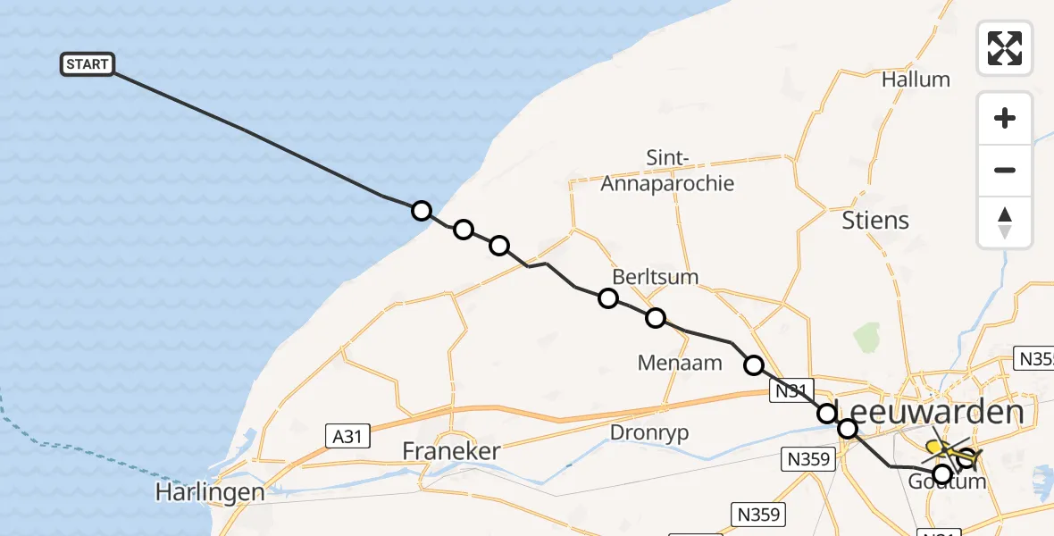 Routekaart van de vlucht: Ambulancehelikopter naar Leeuwarden, Aldlânsdyk