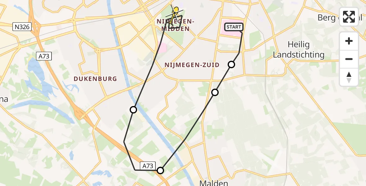 Vluchtroute Traumahelikopter van Radboud Universitair Medisch Centrum naar Nijmegen