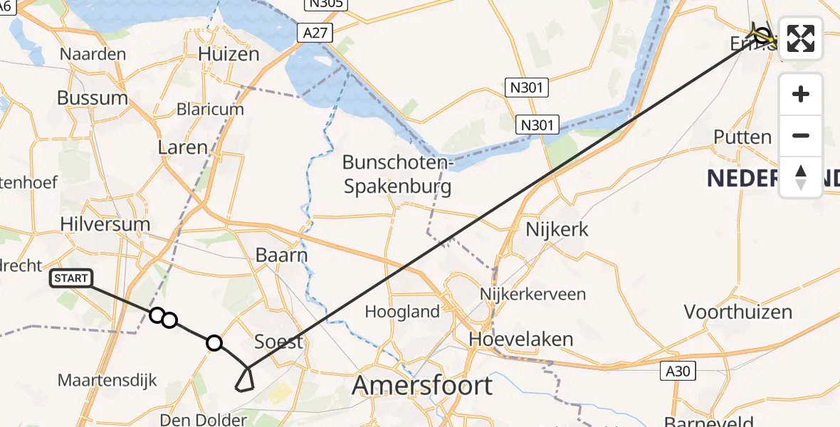 Routekaart van de vlucht: Politiehelikopter naar Ermelo, Vuursche Dreef