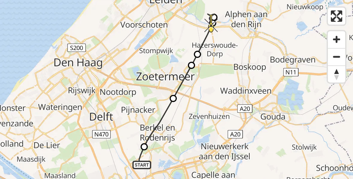 Routekaart van de vlucht: Lifeliner 2 naar Koudekerk aan den Rijn, A16 Rotterdam