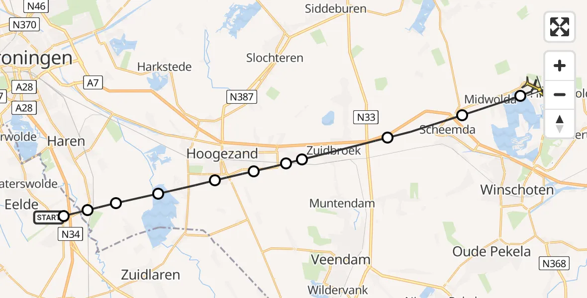 Routekaart van de vlucht: Lifeliner 4 naar Oostwold, Burgemeester J.G. Legroweg