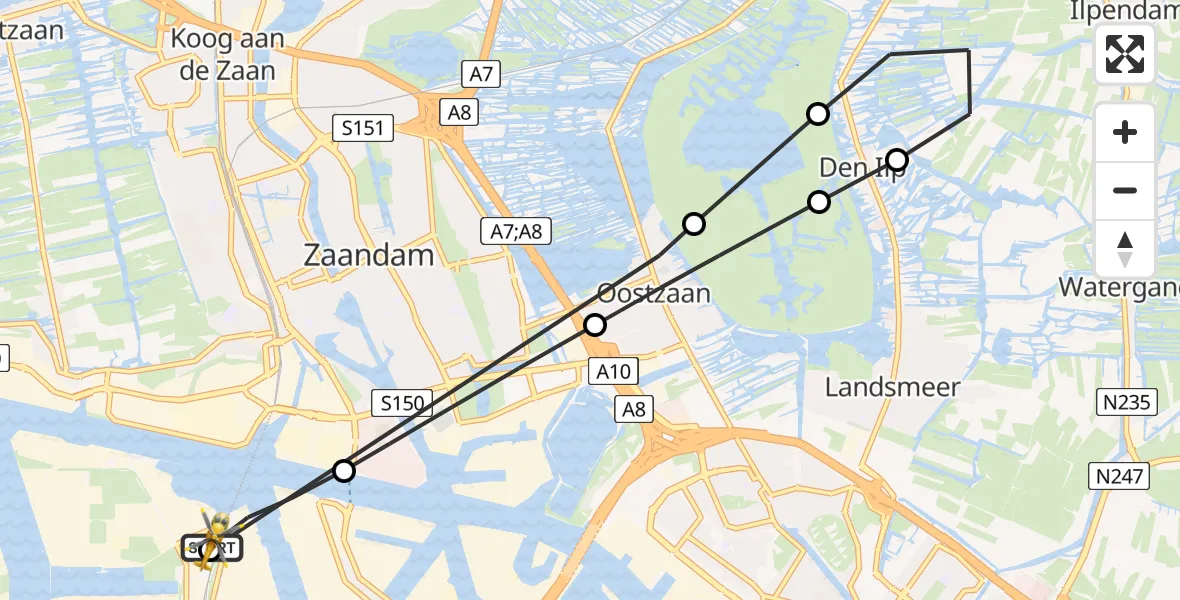 Vluchtroute Traumahelikopter van Amsterdam Heliport naar Amsterdam Heliport