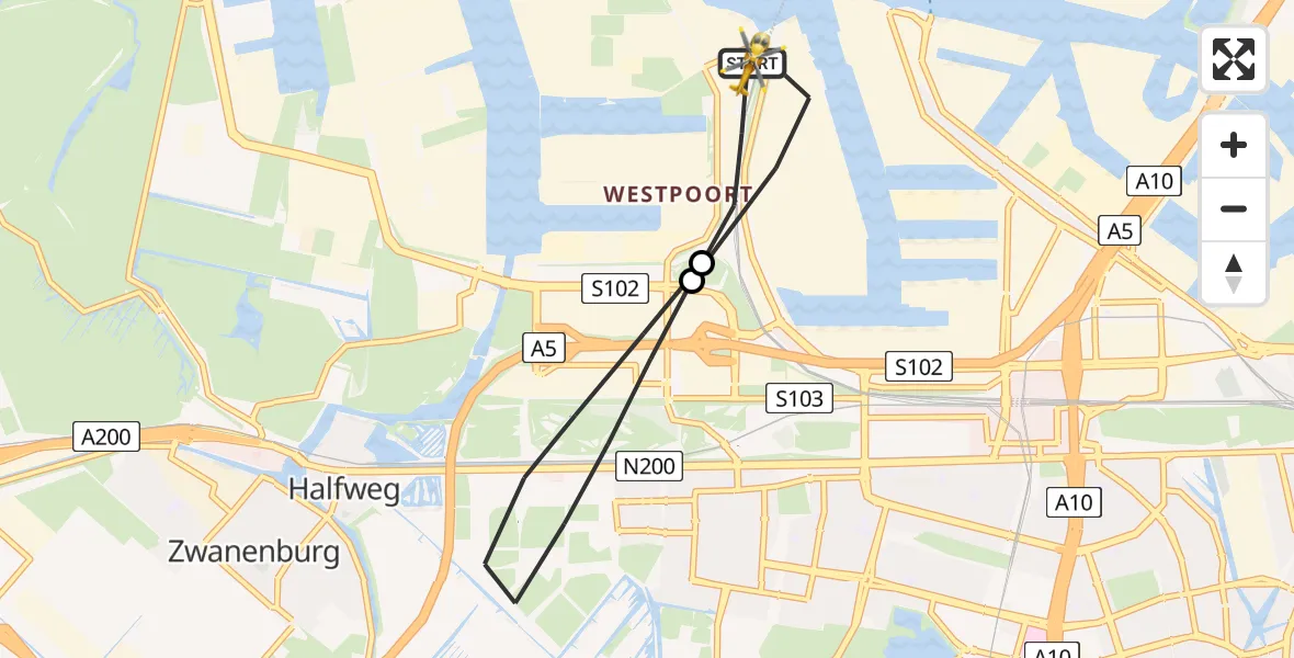 Vluchtroute Traumahelikopter van Amsterdam Heliport naar Amsterdam Heliport