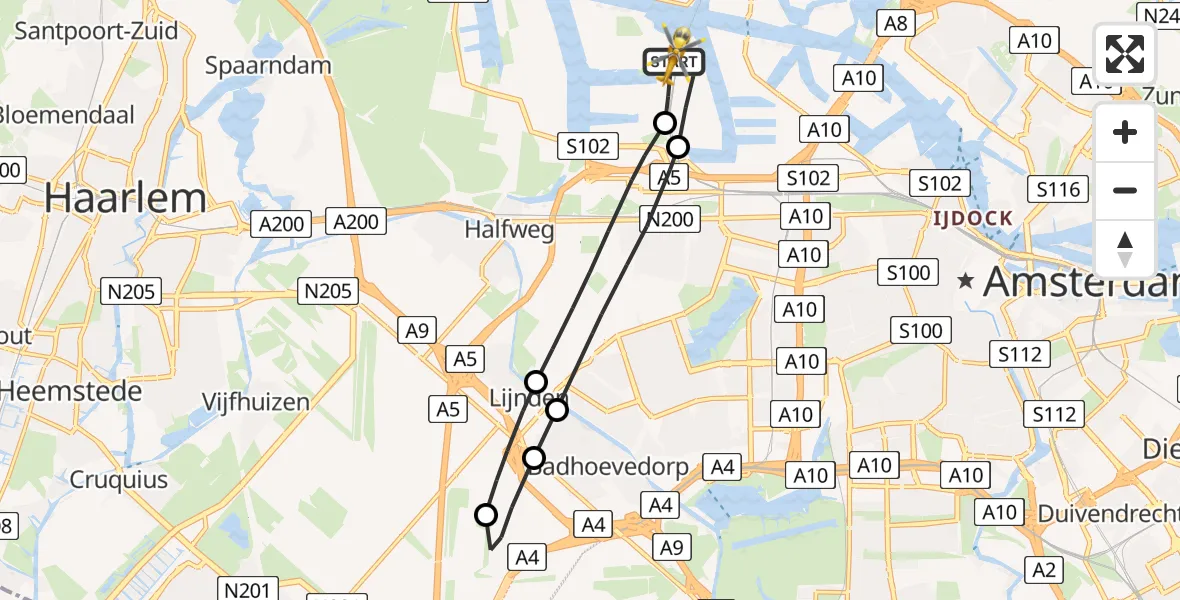 Vluchtroute Traumahelikopter van Amsterdam Heliport naar Amsterdam Heliport