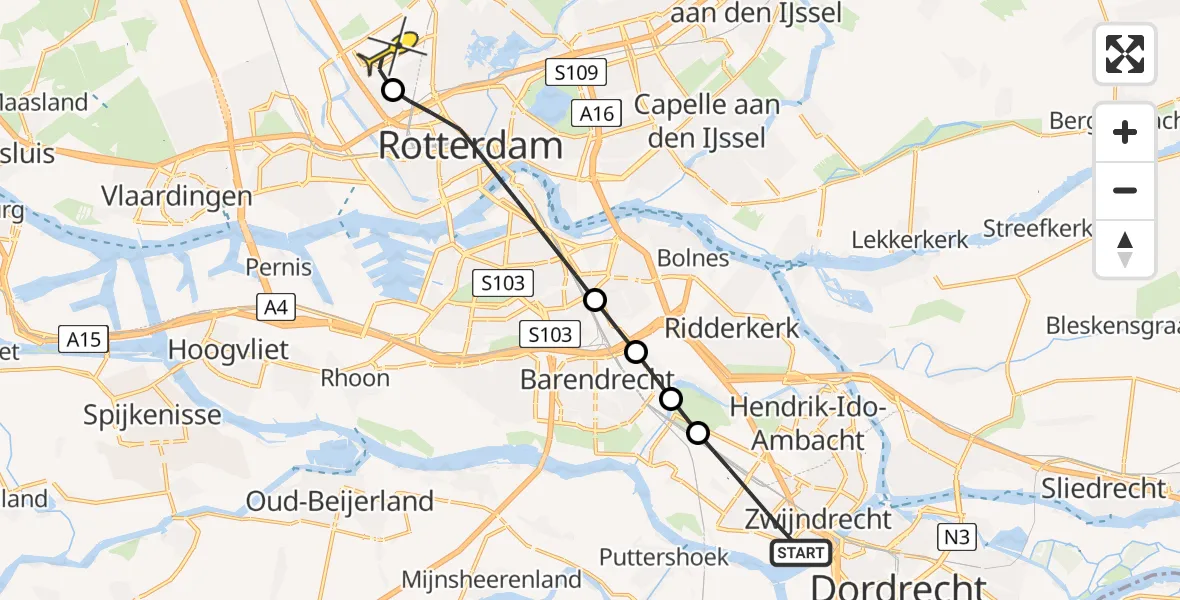Routekaart van de vlucht: Lifeliner 2 naar Rotterdam The Hague Airport, Roerdompstraat