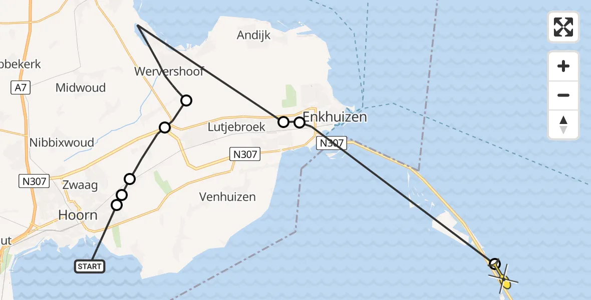 Routekaart van de vlucht: Politiehelikopter naar Lelystad, Werkhaven Schelphoek