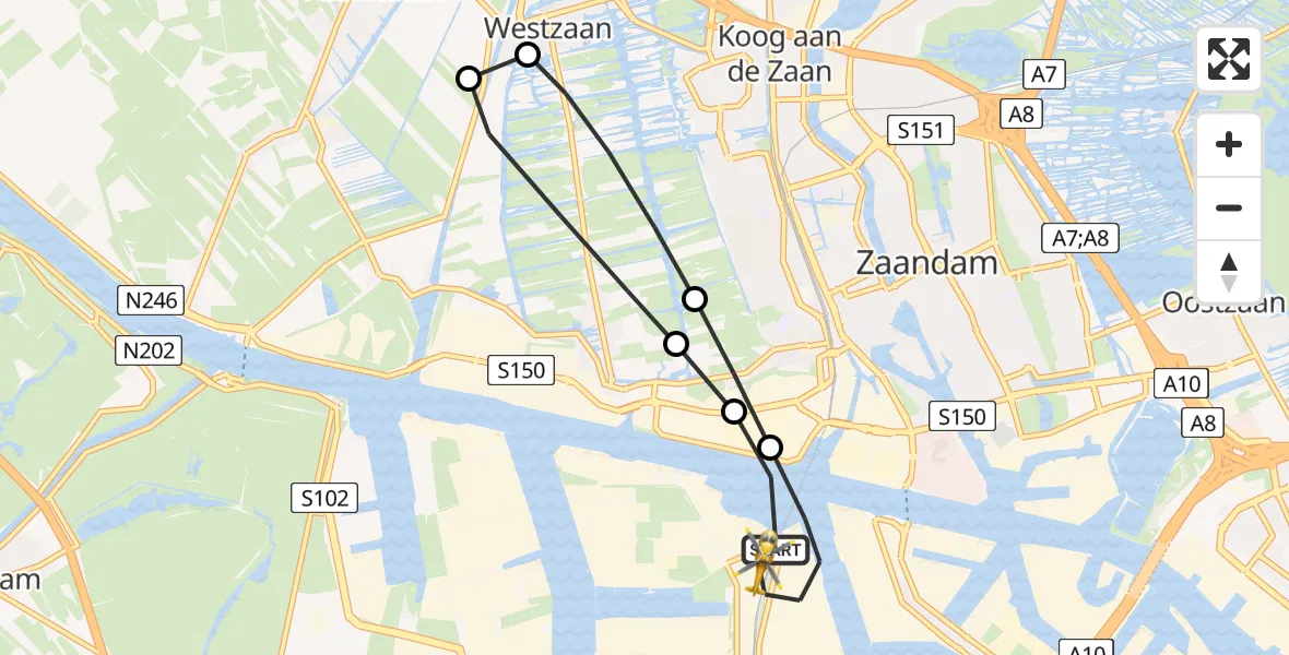 Vluchtroute Traumahelikopter van Amsterdam Heliport naar Amsterdam Heliport