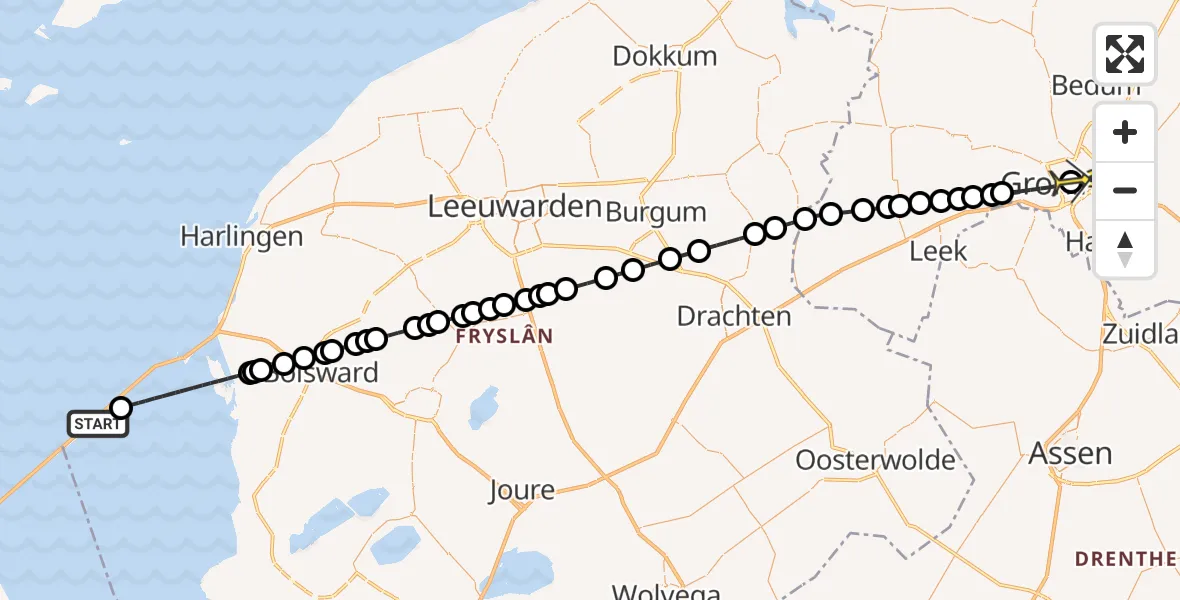 Routekaart van de vlucht: Lifeliner 4 naar Universitair Medisch Centrum Groningen, De Holle Poarte