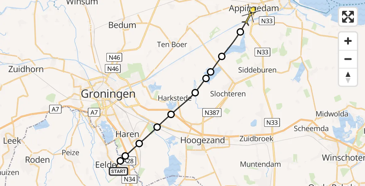 Routekaart van de vlucht: Lifeliner 4 naar Appingedam, Burgemeester J.G. Legroweg