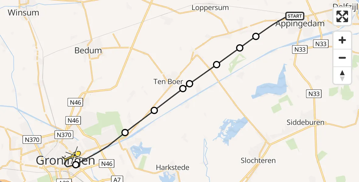 Routekaart van de vlucht: Lifeliner 4 naar Universitair Medisch Centrum Groningen, Alberdaweg