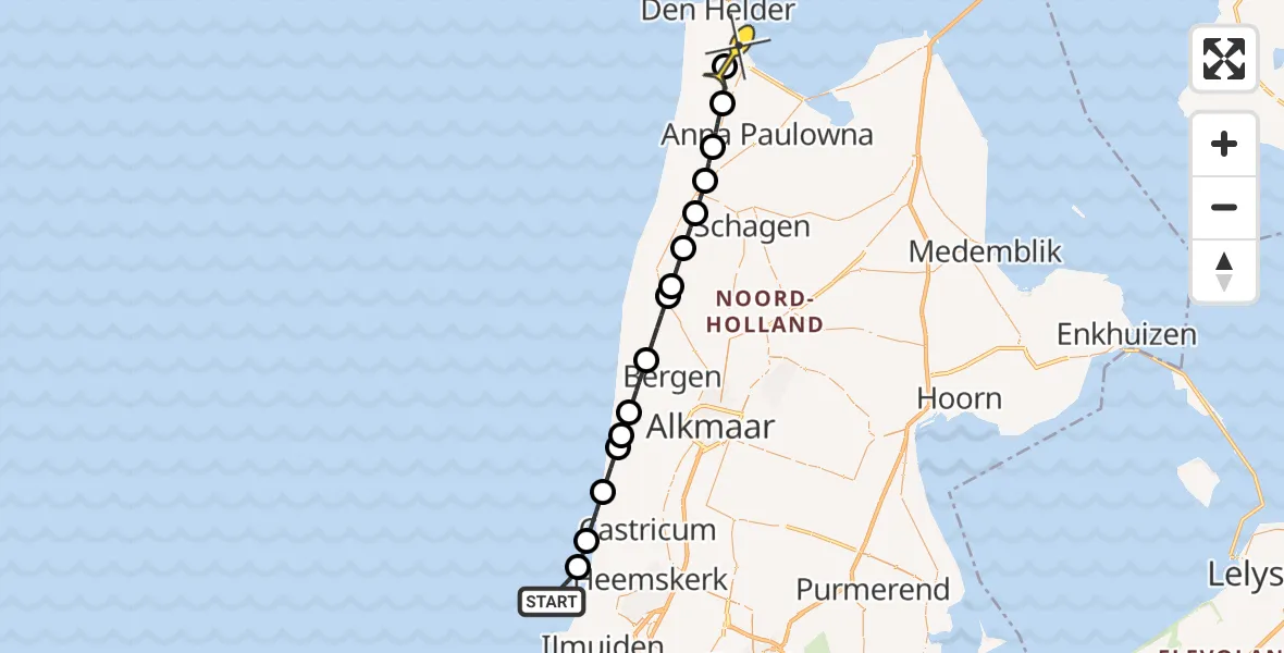 Routekaart van de vlucht: Kustwachthelikopter naar Vliegveld De Kooy, Noordpier