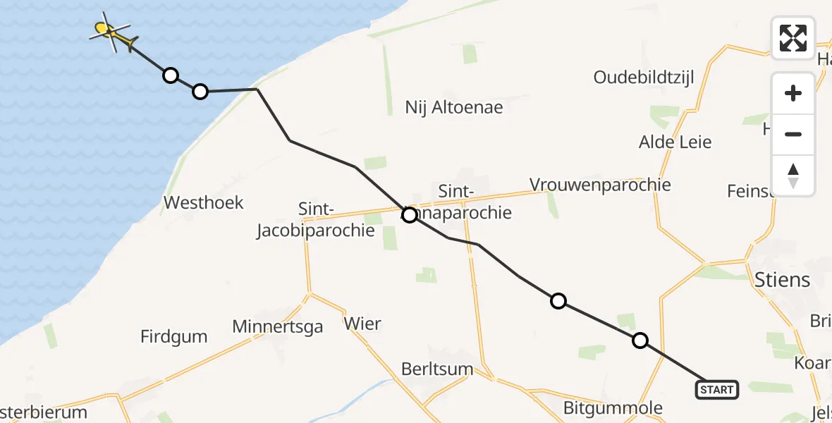 Routekaart van de vlucht: Ambulancehelikopter naar Oosterend, Langestraat