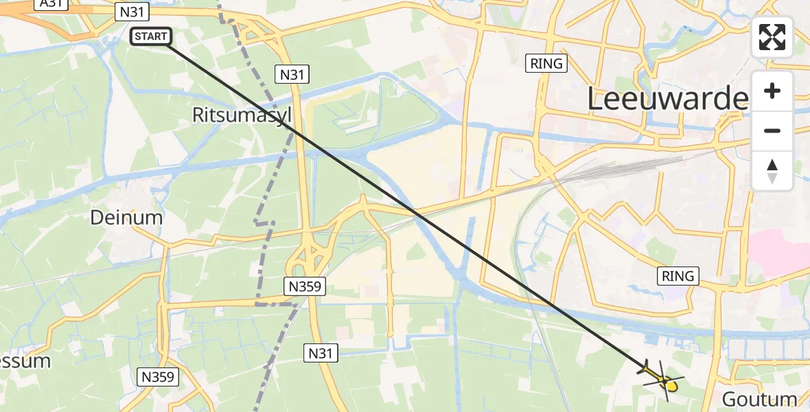 Routekaart van de vlucht: Ambulanceheli naar Leeuwarden, De Hirna