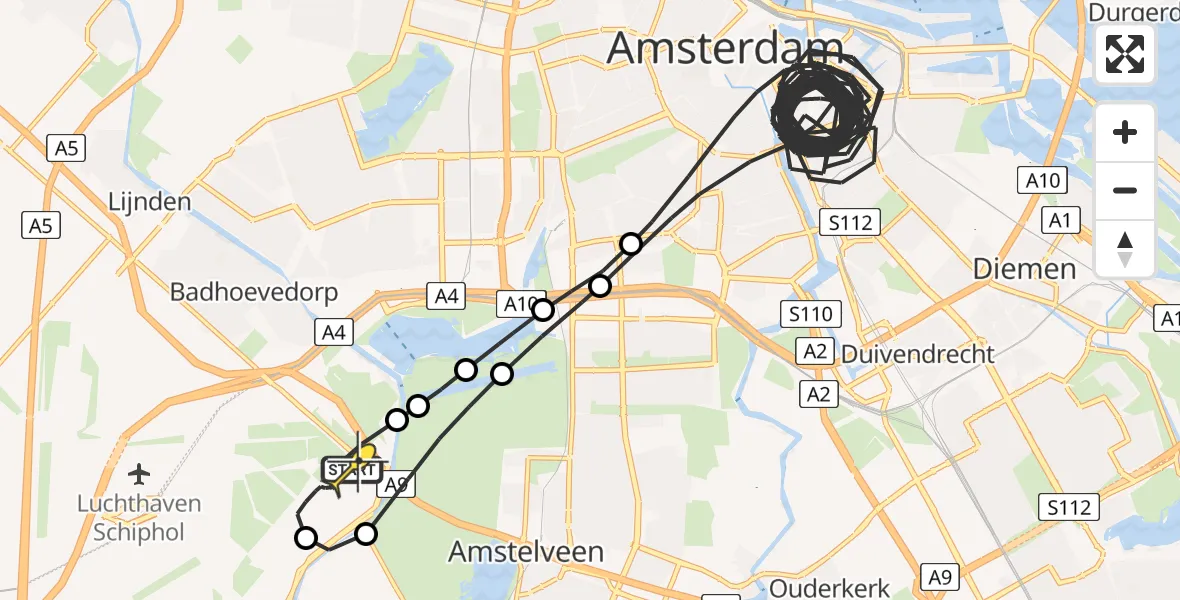 Routekaart van de vlucht: Politieheli naar Schiphol, Nieuwemeerdijk