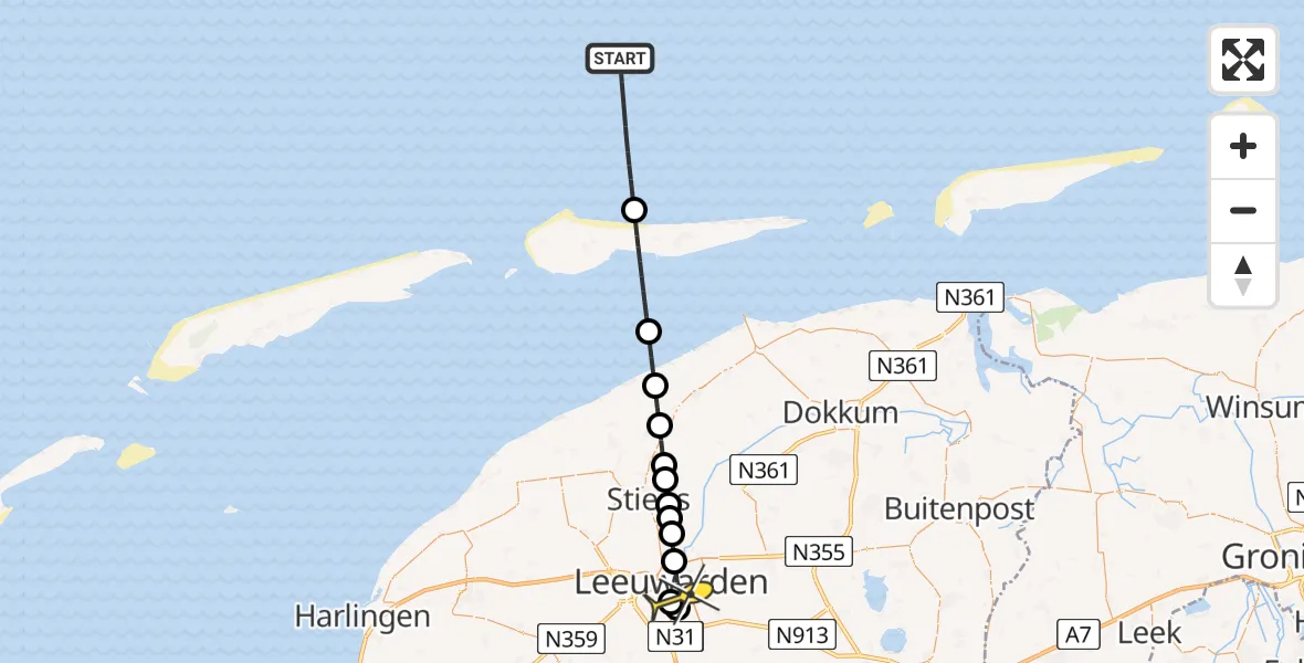 Routekaart van de vlucht: Kustwachthelikopter naar Leeuwarden, Borniastraat