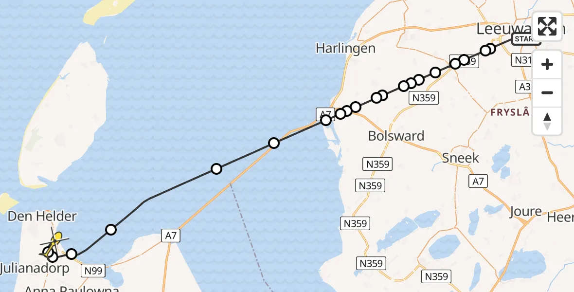 Routekaart van de vlucht: Kustwachthelikopter naar Vliegveld De Kooy, Julianalaan