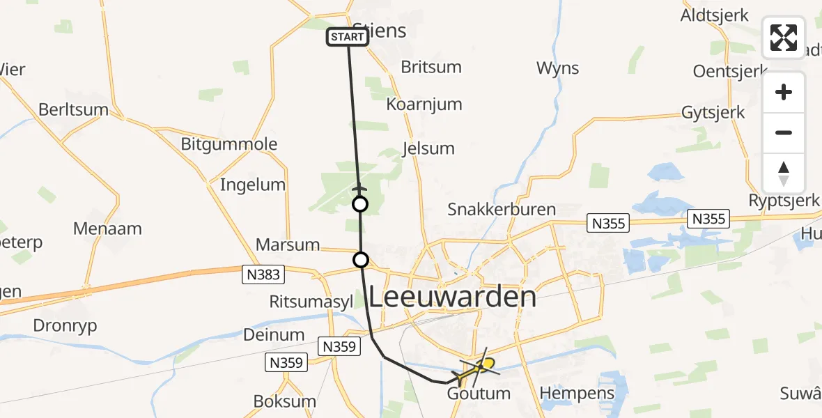 Routekaart van de vlucht: Ambulancehelikopter naar Leeuwarden, Keegsdijkje
