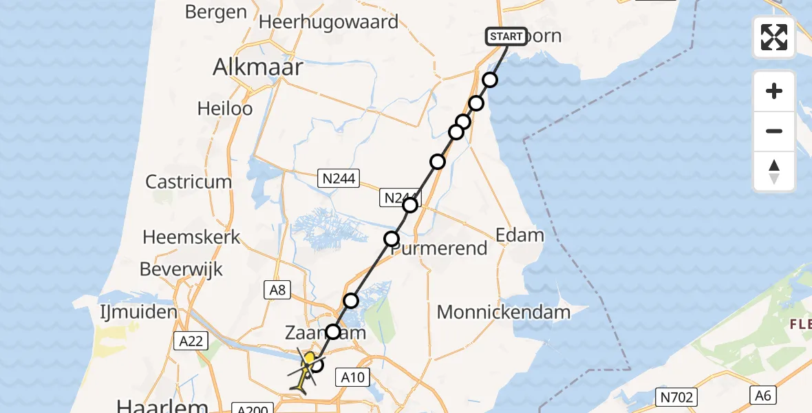 Routekaart van de vlucht: Lifeliner 1 naar Amsterdam Heliport, Noorderlicht