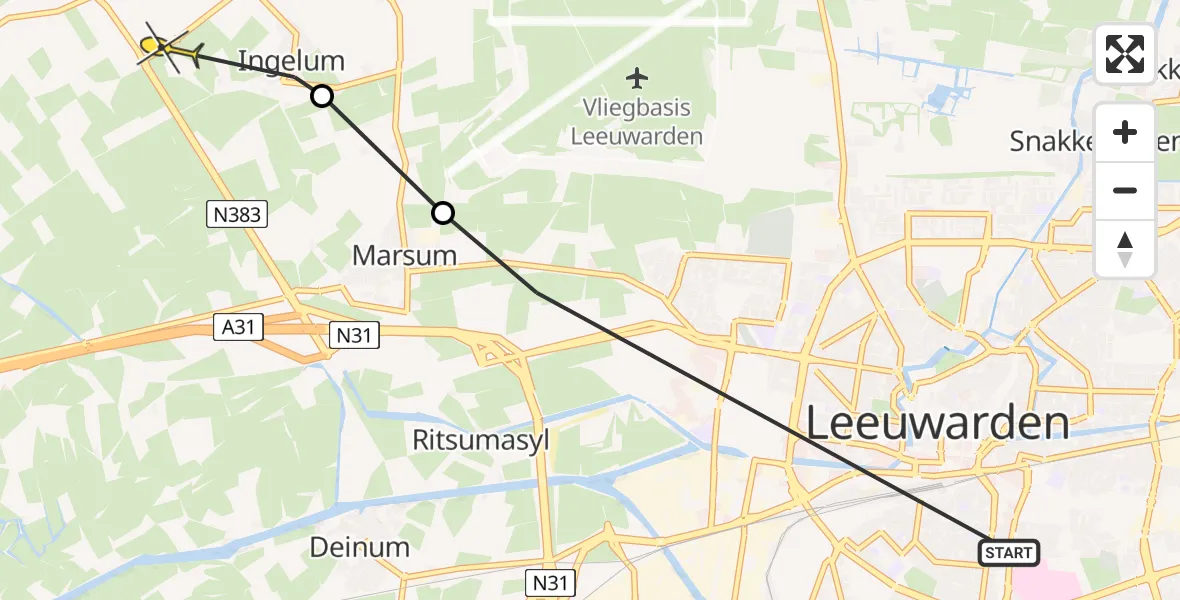 Routekaart van de vlucht: Ambulanceheli naar Bitgummole, Ljouwerterdyk