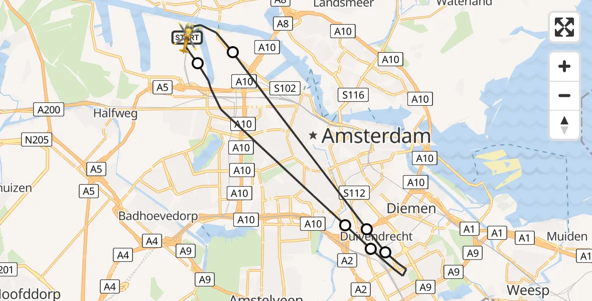 Vluchtroute Traumahelikopter van Amsterdam Heliport naar Amsterdam Heliport