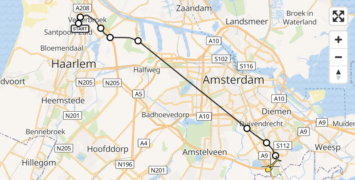 Routekaart van de vlucht: Lifeliner 1 naar Academisch Medisch Centrum (AMC), Mandenmakerstraat