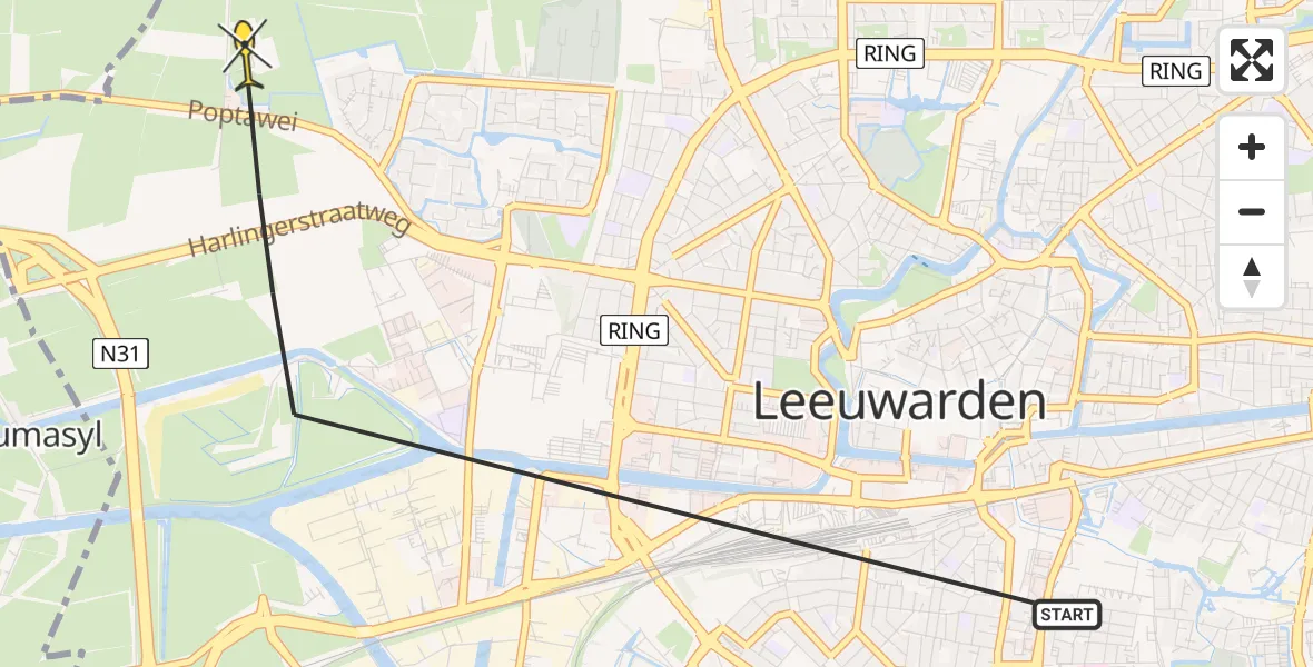 Vluchtroute Ambulancehelikopter van Leeuwarden naar Leeuwarden