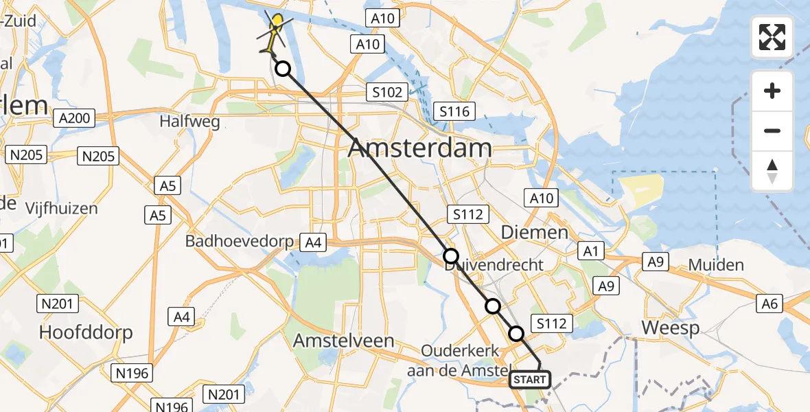 Routekaart van de vlucht: Lifeliner 1 naar Amsterdam Heliport, Gaasperdammerpad