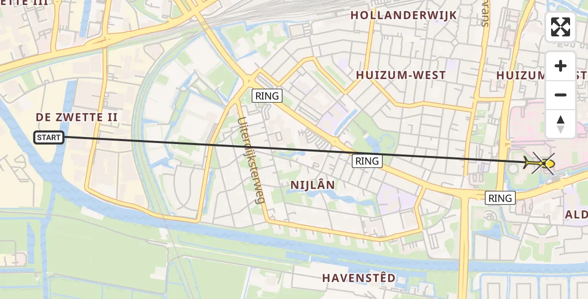 Routekaart van de vlucht: Ambulanceheli naar Leeuwarden, Borniastraat