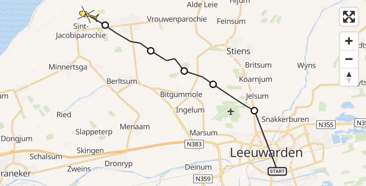 Routekaart van de vlucht: Ambulanceheli naar St.-Jacobiparochie, Mr. P.J. Troelstraweg