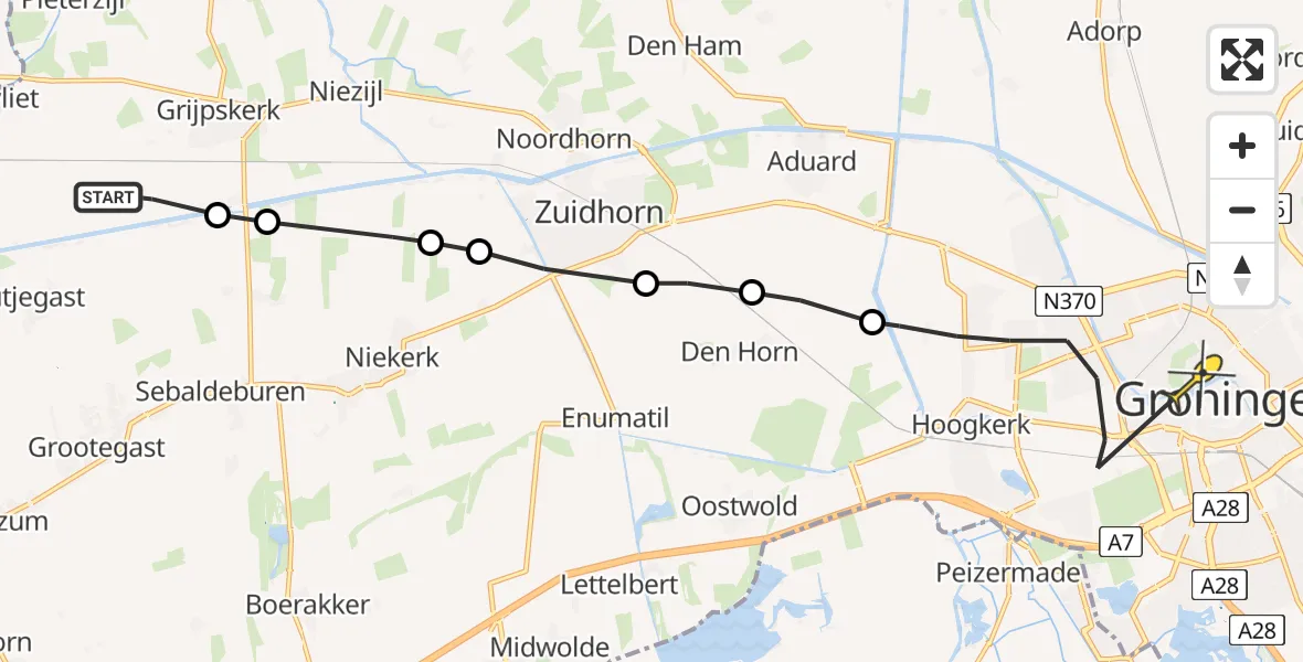 Routekaart van de vlucht: Ambulanceheli naar Universitair Medisch Centrum Groningen, Buikstede