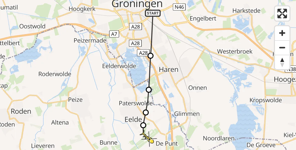 Routekaart van de vlucht: Ambulanceheli naar Groningen Airport Eelde, Quintuslaan