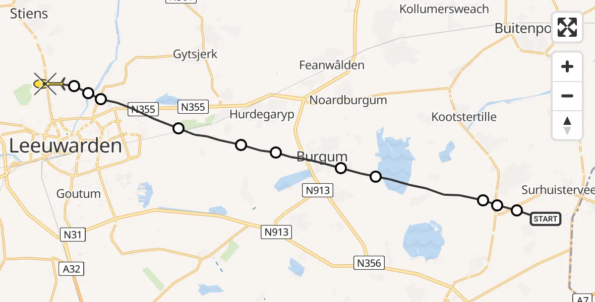 Routekaart van de vlucht: Ambulanceheli naar Vliegbasis Leeuwarden, Blauwhuisterweg