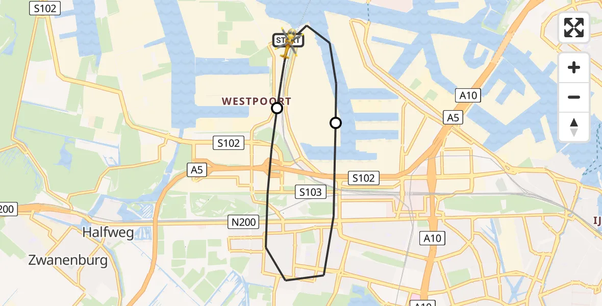Routekaart van de vlucht: Lifeliner 1 naar Amsterdam Heliport, Westhaven