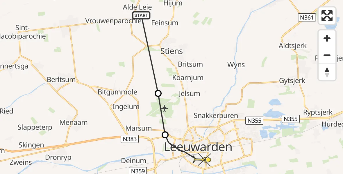 Routekaart van de vlucht: Ambulancehelikopter naar Leeuwarden, Keegsdijkje