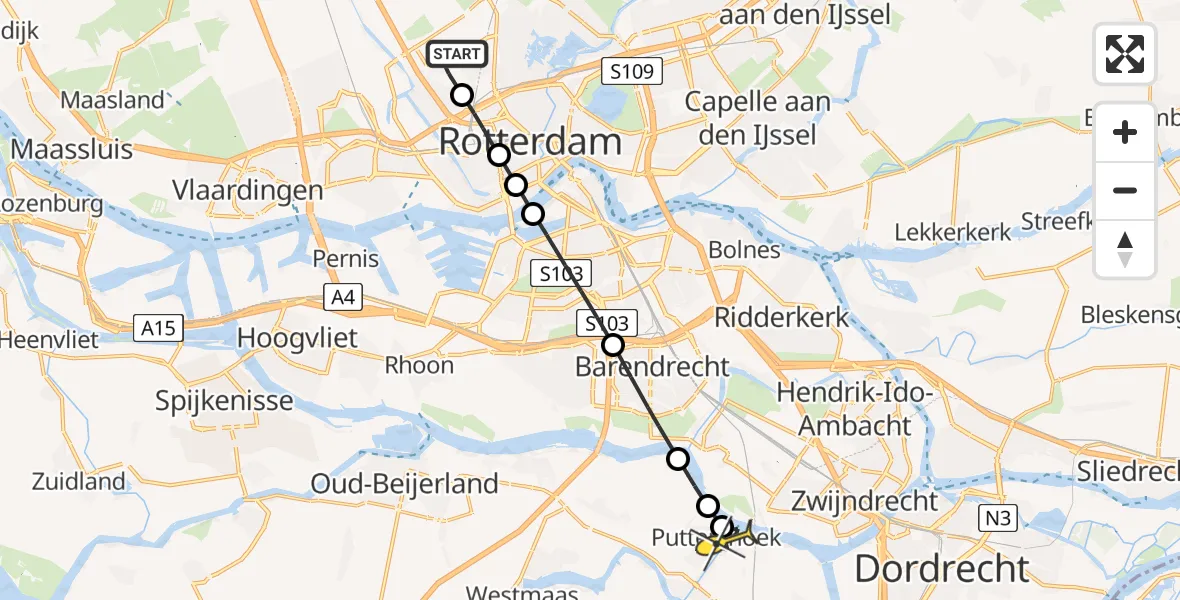 Routekaart van de vlucht: Lifeliner 2 naar Puttershoek, Zestienhovensebaan