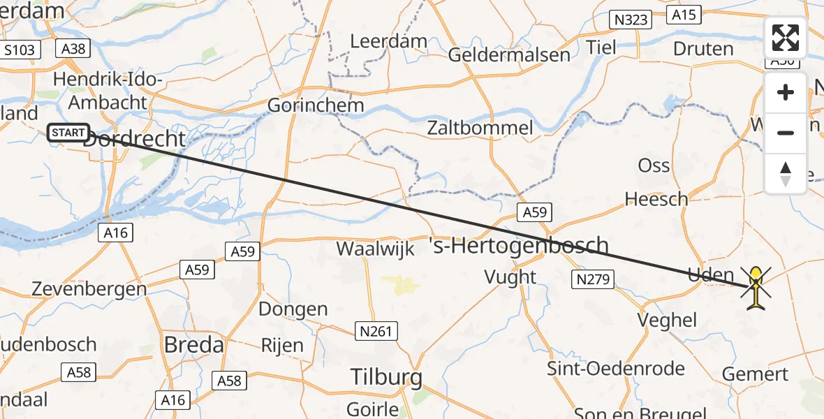 Routekaart van de vlucht: Traumahelikopter naar Vliegbasis Volkel, Rouwstraat