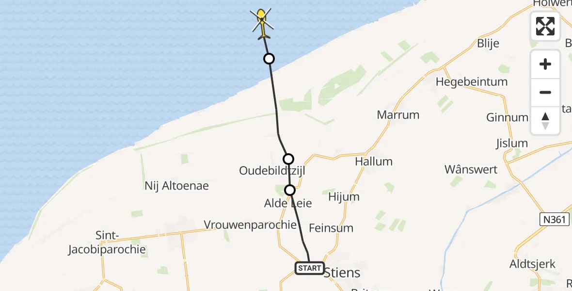 Routekaart van de vlucht: Ambulancehelikopter naar Marrum, Witewei