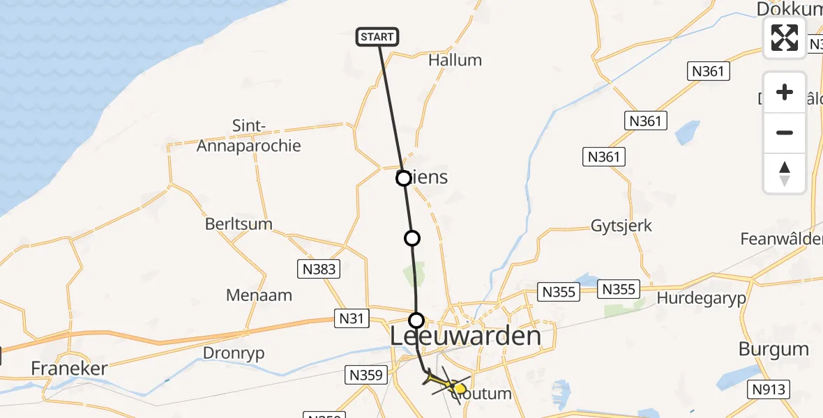 Routekaart van de vlucht: Ambulanceheli naar Leeuwarden, Brédyk