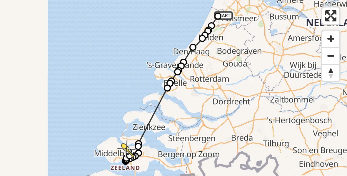 Routekaart van de vlucht: Politieheli naar Vliegveld Midden-Zeeland, Kanaal Veenenburg-Elsbroek