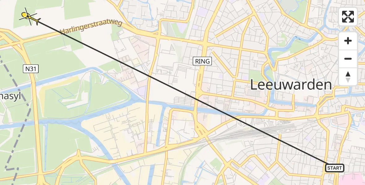 Vluchtroute Ambulancehelikopter van Leeuwarden naar Leeuwarden