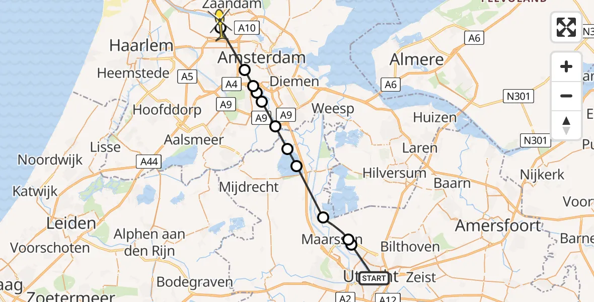 Routekaart van de vlucht: Lifeliner 1 naar Amsterdam Heliport, Lijsterstraat