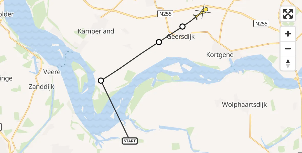 Routekaart van de vlucht: Politieheli naar Kortgene, Sint Felixweg