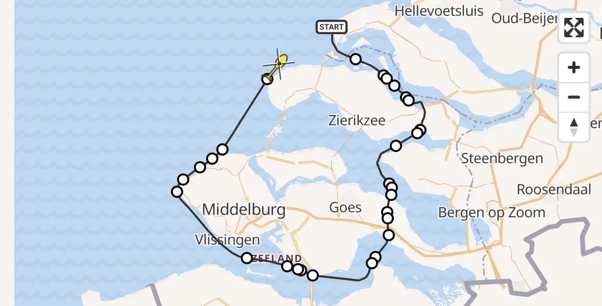 Routekaart van de vlucht: Politieheli naar Burgh-Haamstede, Westeinde