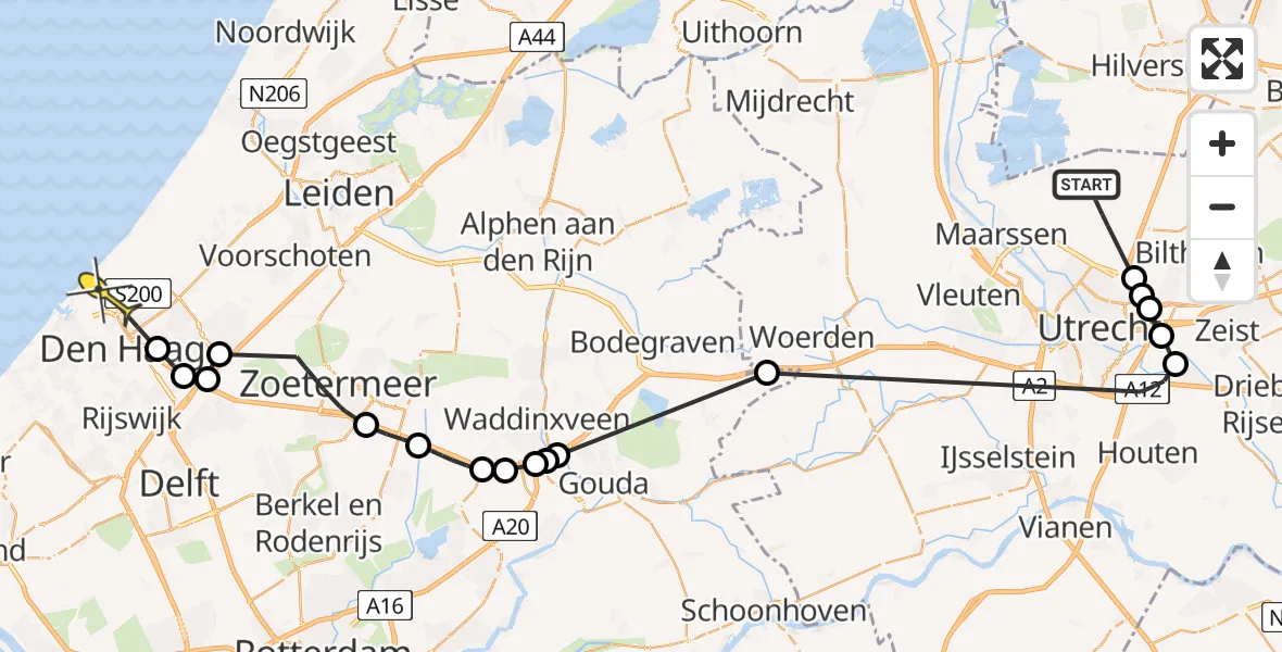 Routekaart van de vlucht: Politieheli naar Den Haag, Burgemeester Huydecoperweg