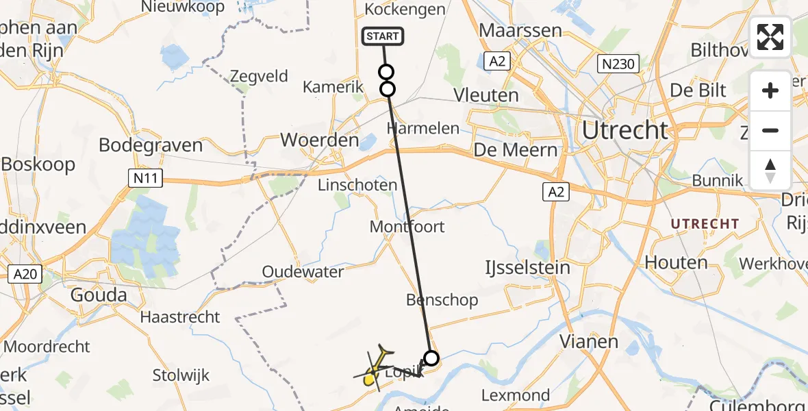 Routekaart van de vlucht: Politieheli naar Lopik, Hollandse Kade