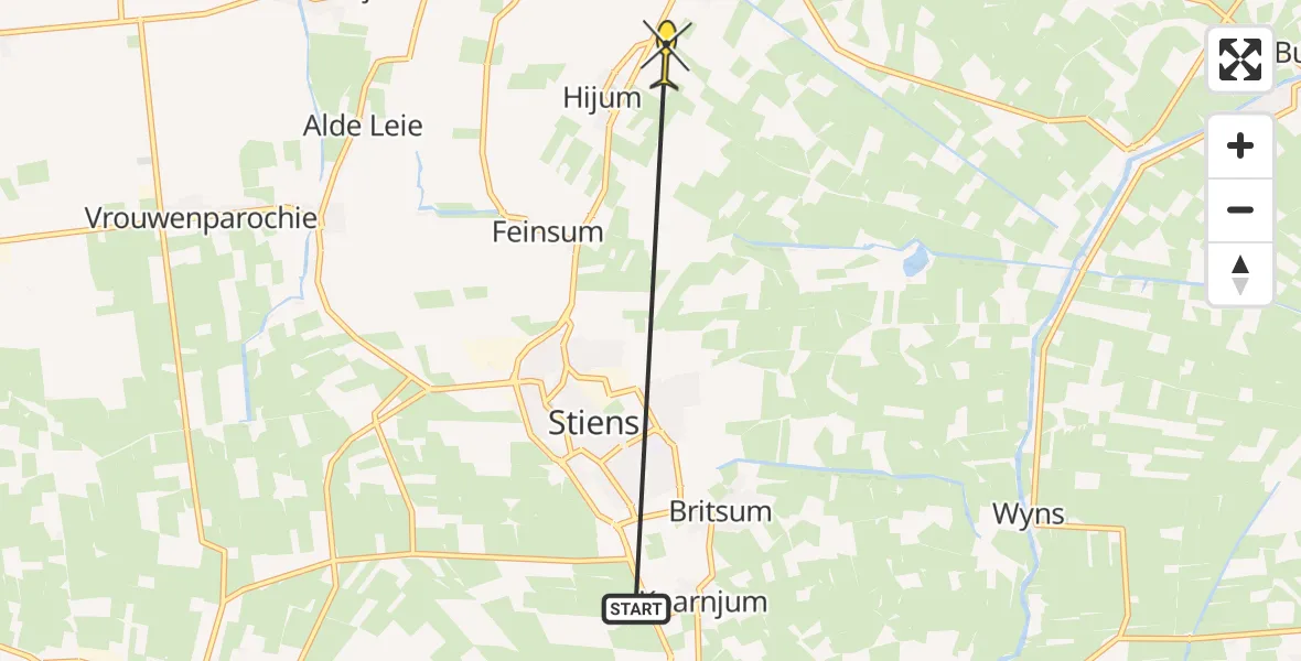 Routekaart van de vlucht: Ambulancehelikopter naar Hallum, Zuidermiedweg