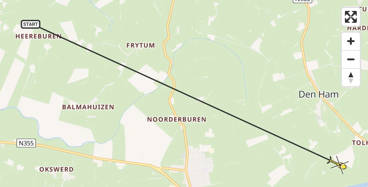 Routekaart van de vlucht: Ambulancehelikopter naar Den Ham, Lageweg