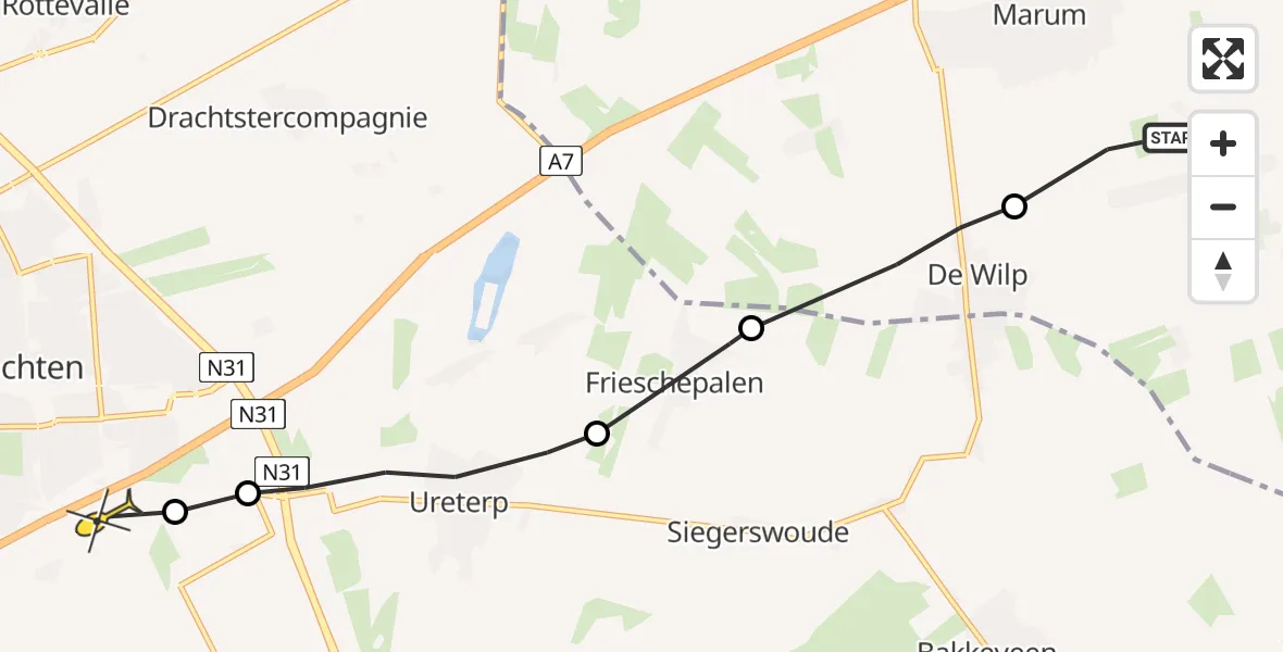 Routekaart van de vlucht: Ambulancehelikopter naar Drachten, Otterspol