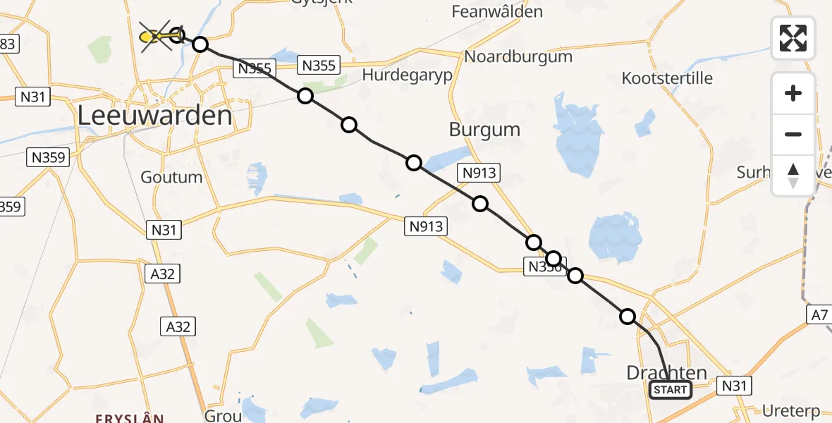 Routekaart van de vlucht: Ambulanceheli naar Jelsum, De Orion