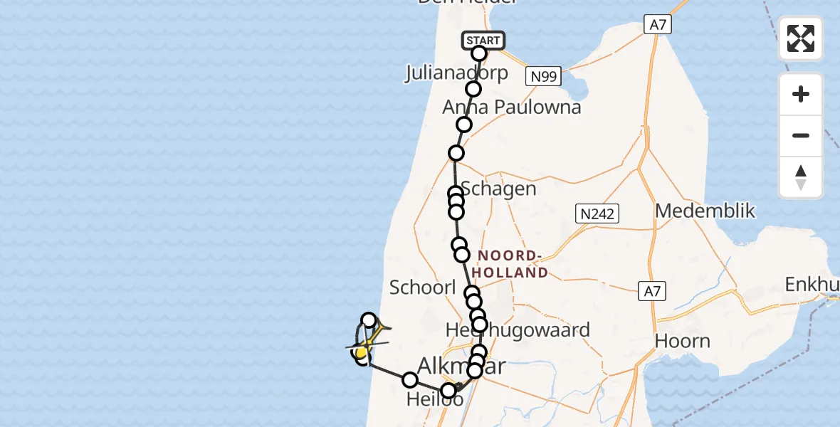 Routekaart van de vlucht: Kustwachthelikopter naar Bergen aan Zee, Middenvliet